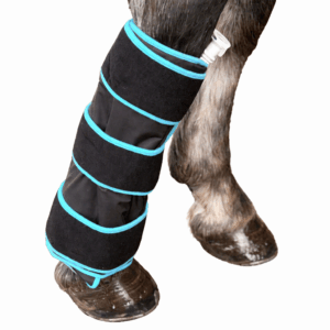cyrotherapy wrap product image with white backdrop, the wrap is light blue and black, placed on a horse tendon
